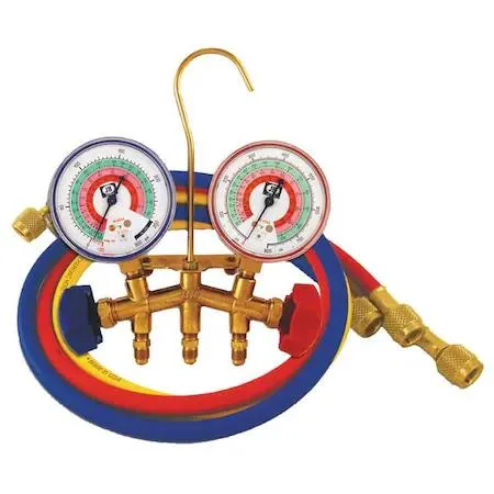 Brass two-valve manifold gauge kit with three colour-coded hoses