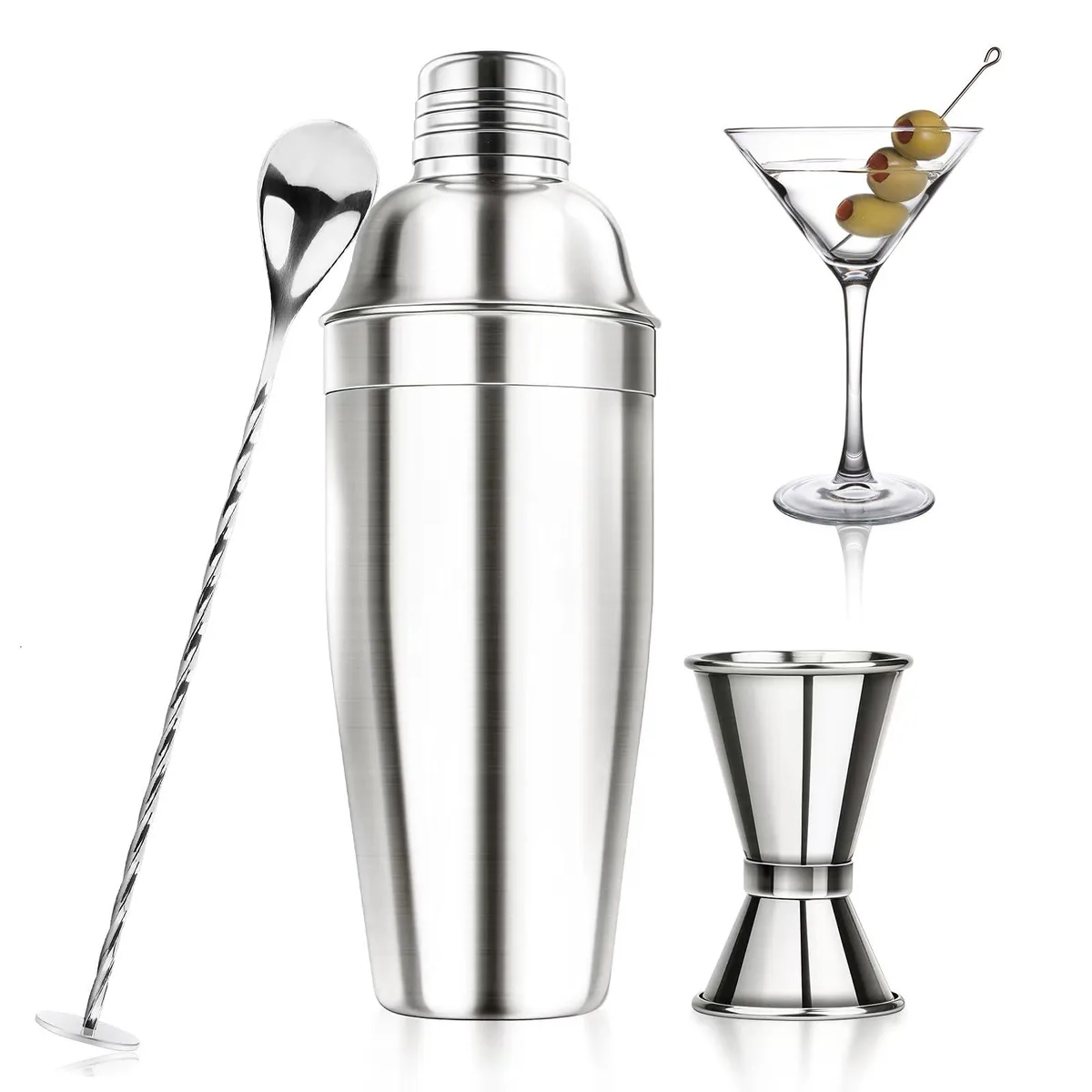 Black stainless steel 7-piece bar tool set with floral design, 24oz shaker, jigger and spoon