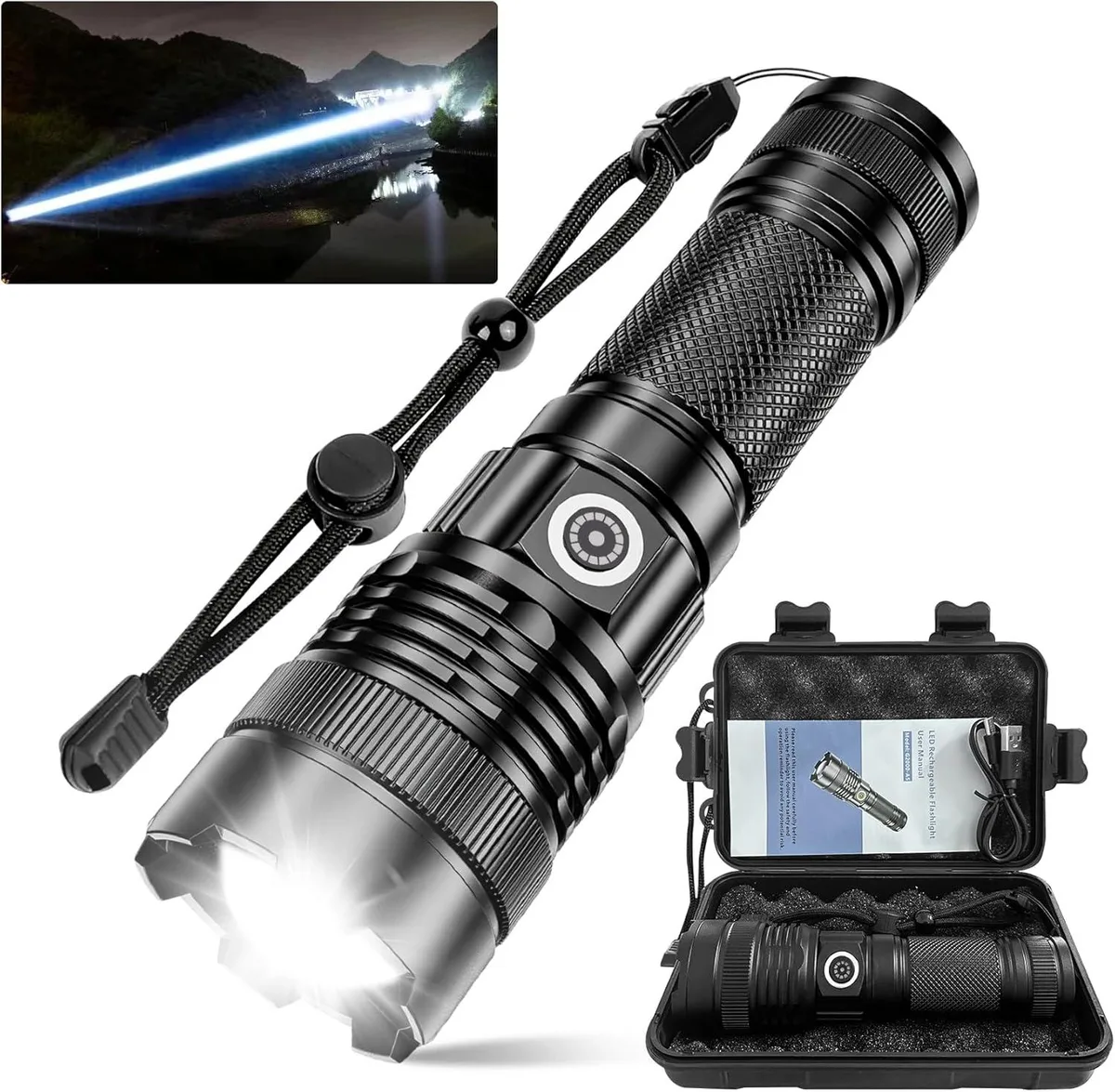 Black cylindrical flashlight with USB-C port and battery indicators