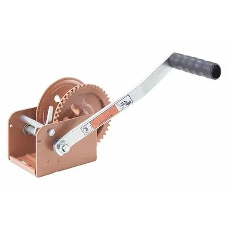 Black steel open-frame spur winch with permanent side handle