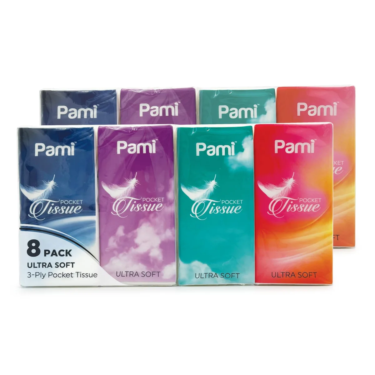 Eight packs of 3-ply pocket tissues, paper finish