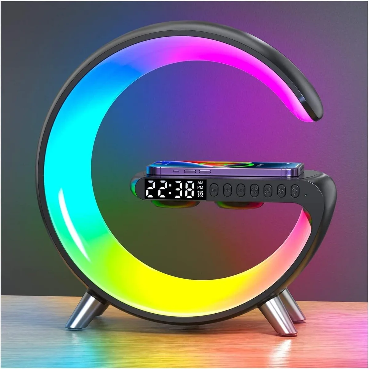Black oval plastic table lamp with LED display and wireless charging pad