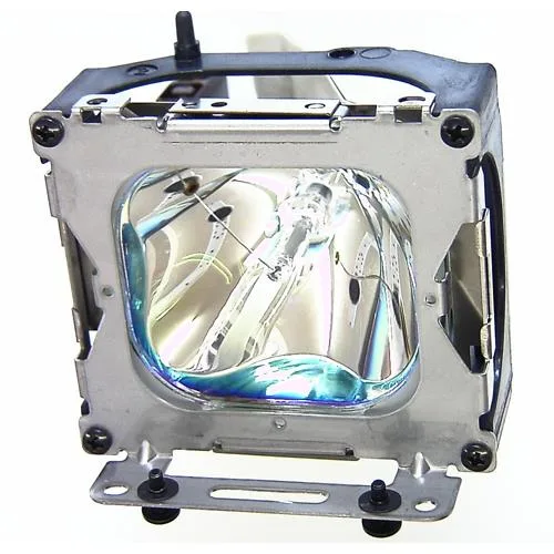A rectangular projector lamp module with a silver metal housing and a clear glass bulb visible through the front aperture