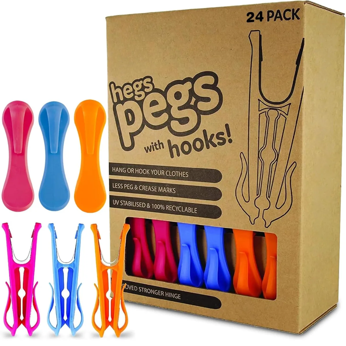 24 multicolour clothespins with dual hooks, UV-resistant plastic, stainless steel springs