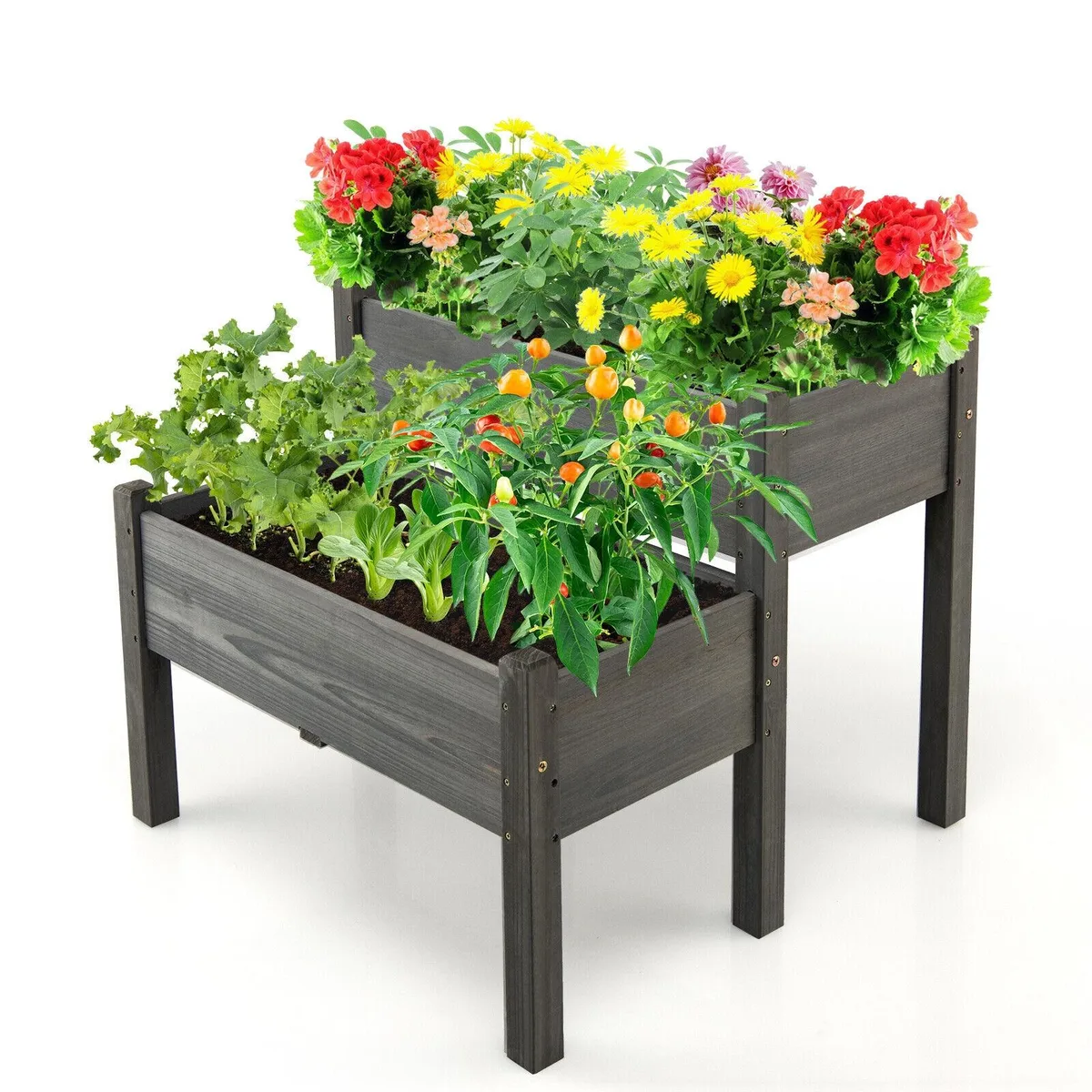 SlickBlue SlickBlue 2 Tier Wooden Elevated Planter Box Grey 34 x 33.5 x 28.5 in — product photo