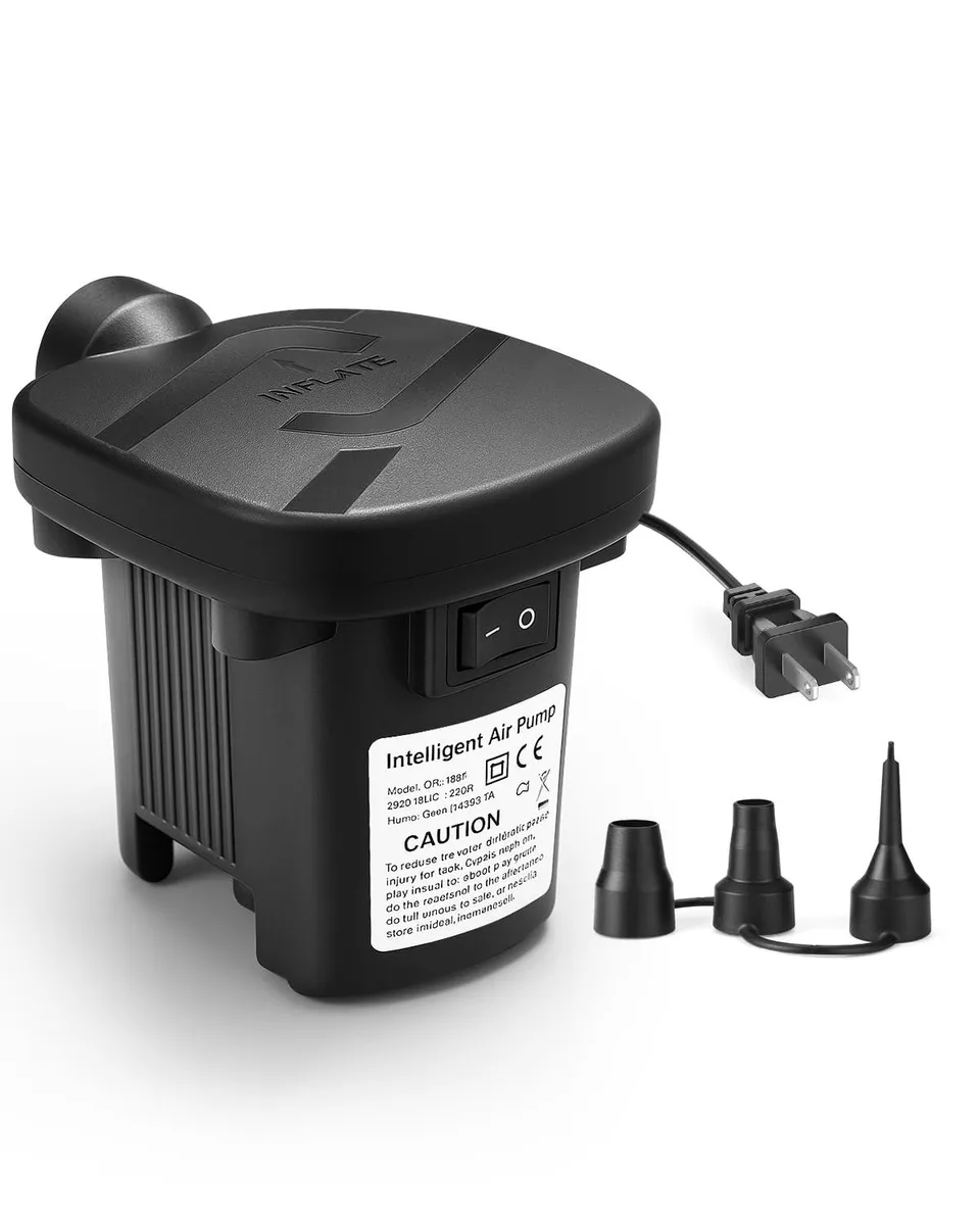 Compact white plastic electric air pump with three interchangeable nozzles