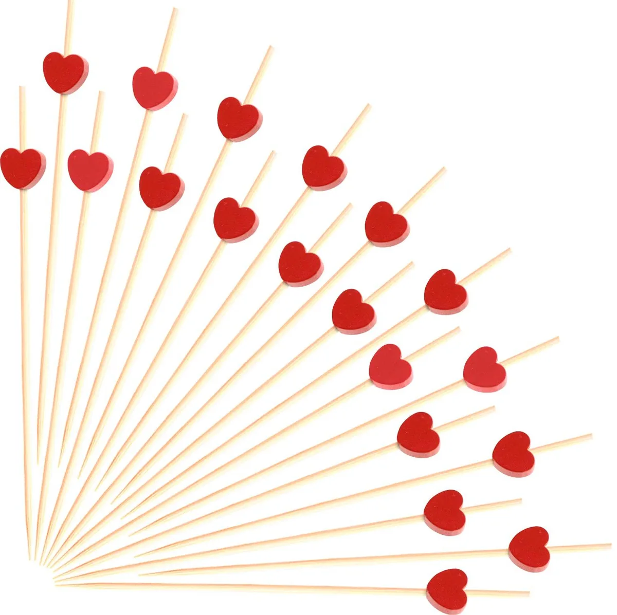 A bundle of one hundred red-heart bamboo cocktail picks each four point seven inches long