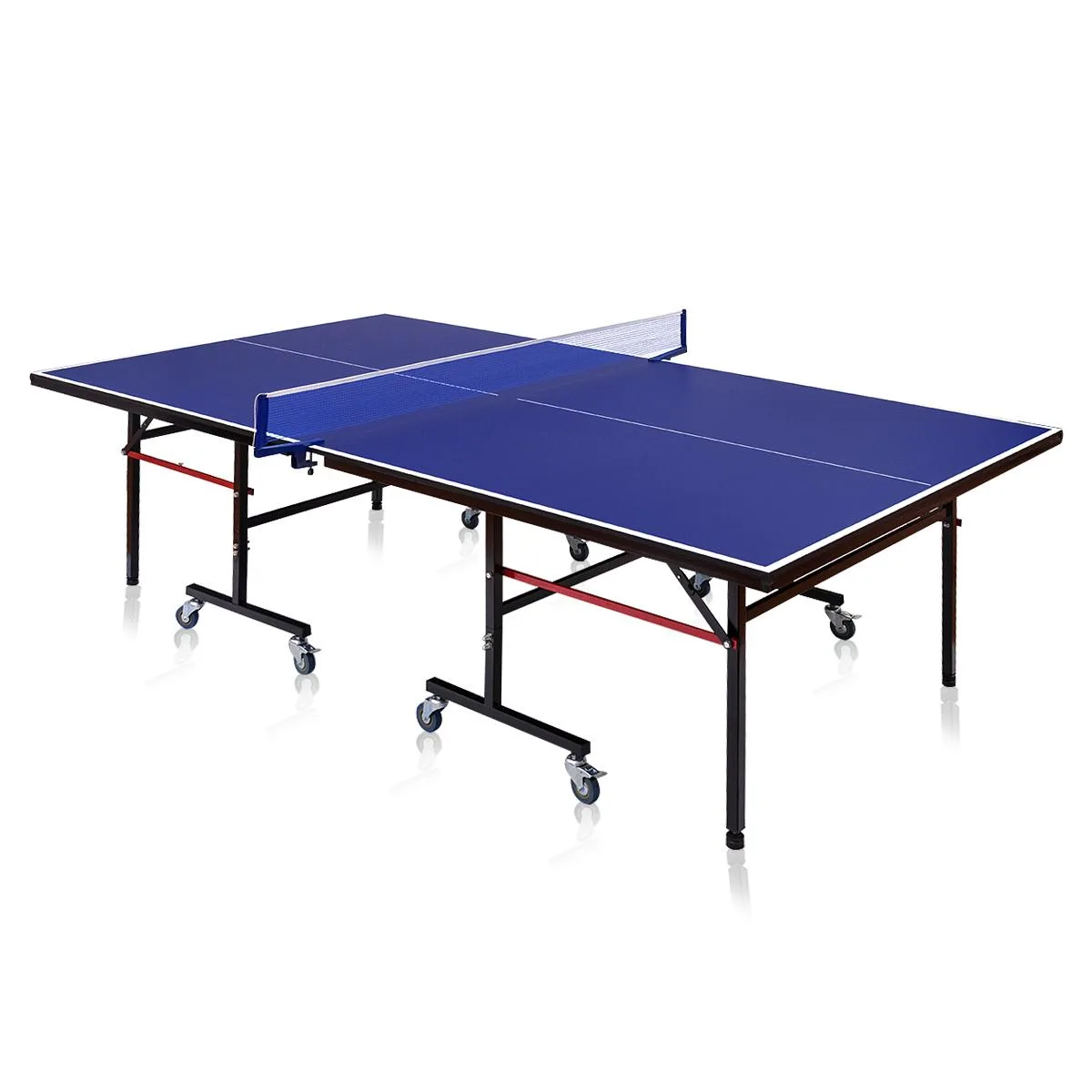 Blue folding table-tennis table on locking casters with net, steel frame and MDF top