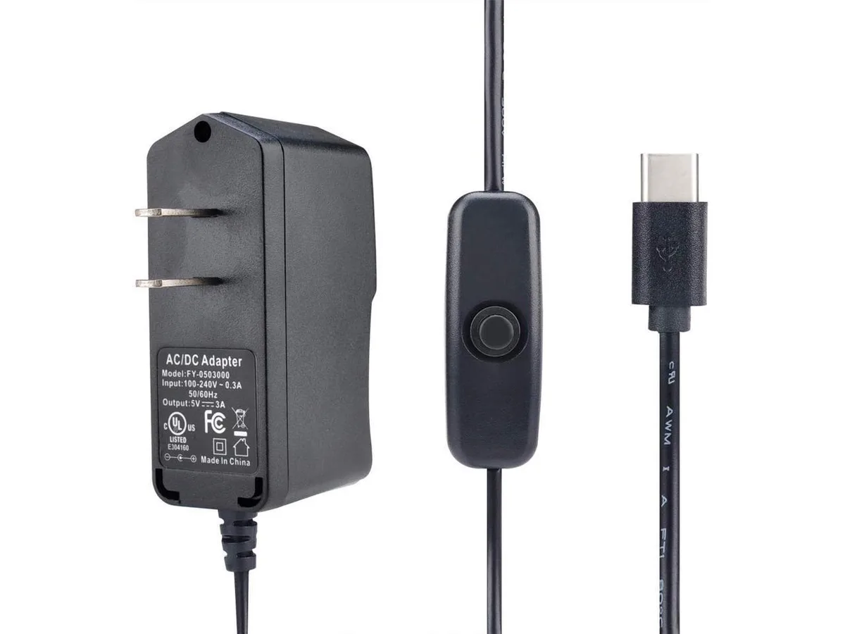 White USB-C power adapter with 1.5 m cable and inline on/off switch