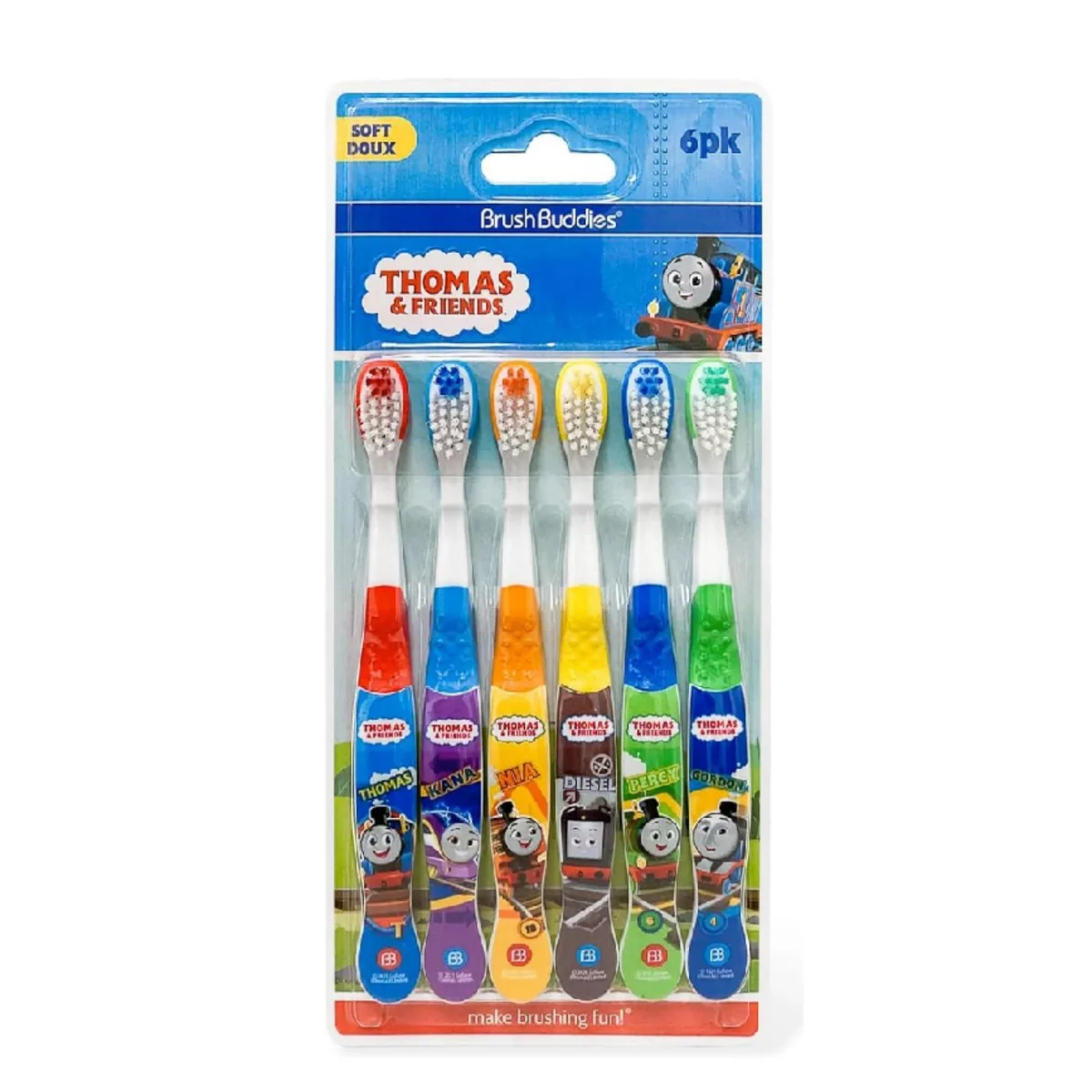 Six blue manual toothbrushes with Thomas character handles and soft bristles