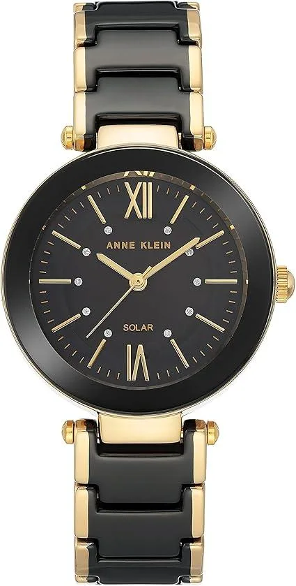 Gold-plated 33 mm solar watch with black dial and gold-tone black ceramic link bracelet