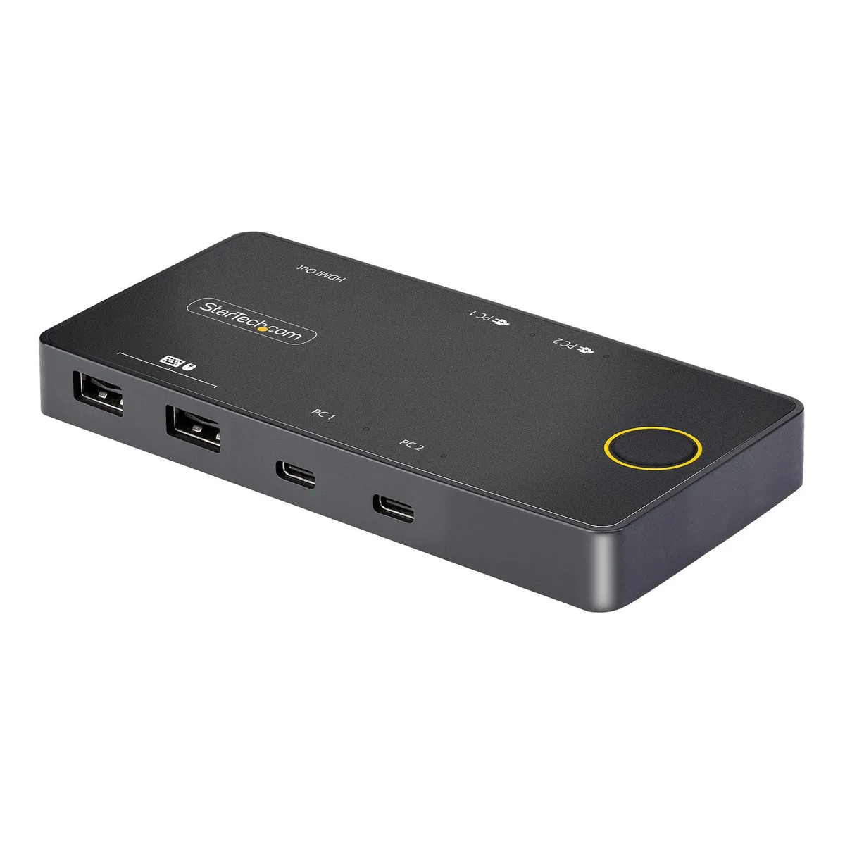 Compact black KVM switch with front buttons and rear ports