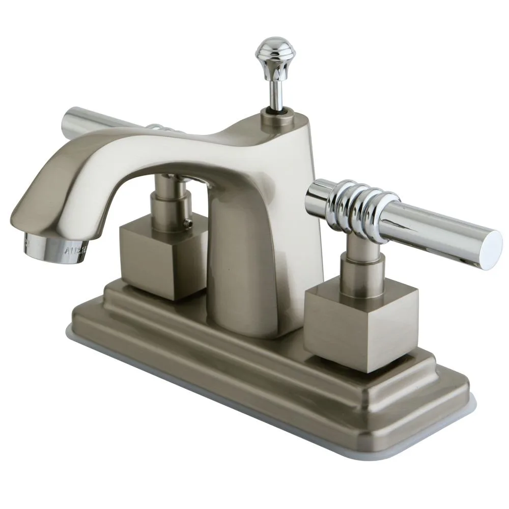 Two-handle centreset lavatory faucet with satin nickel and polished chrome finish, brass pop-up drain included