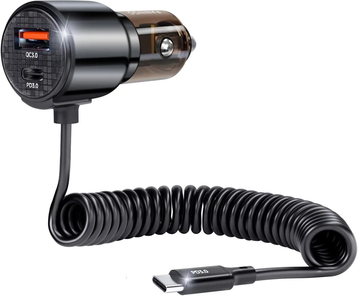 Hamzan Hamzan 110W 3-Port Retractable Car Charger 5.7 ft USB-C Cable — product photo