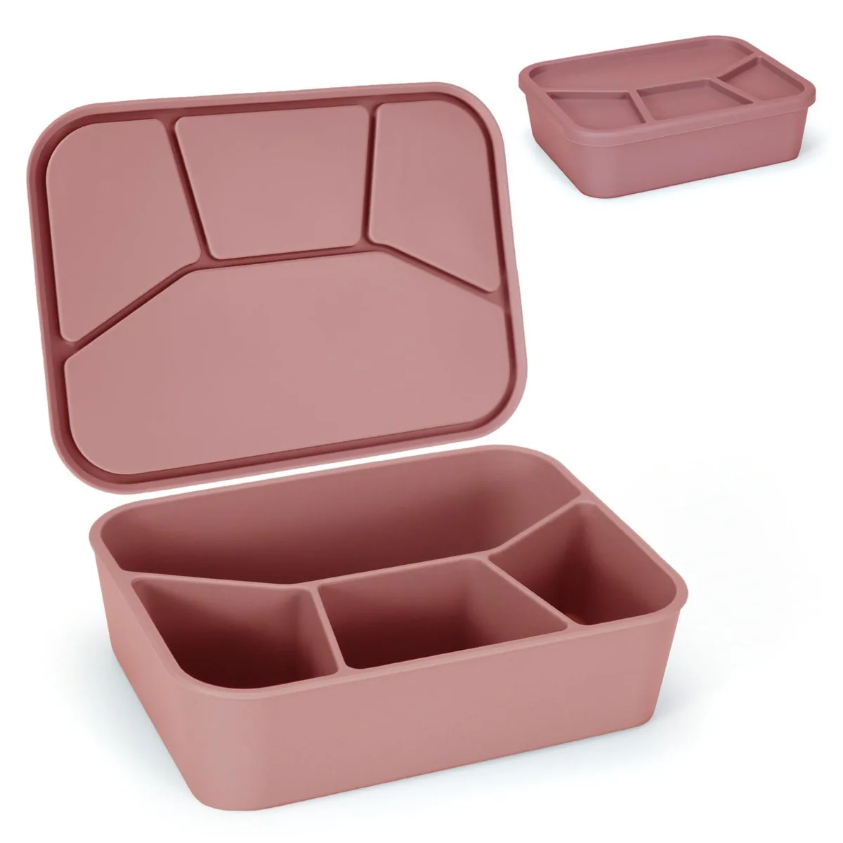 Brick-red rectangular silicone lunch box with four internal compartments and matching snap-on lid