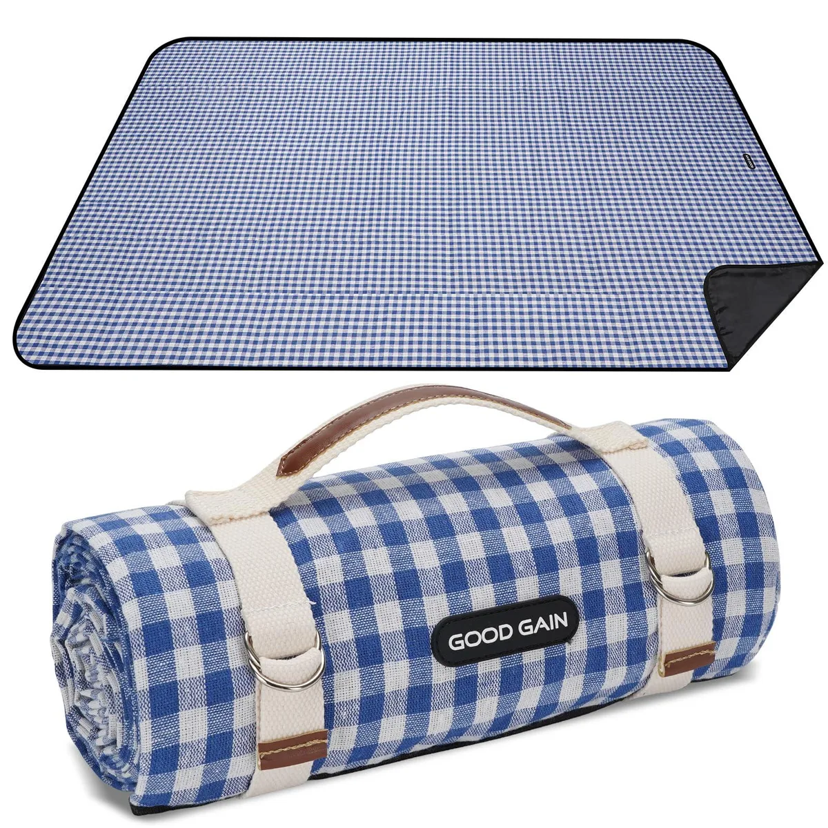 Blue rectangular outdoor blanket folded into a compact tote with carry strap