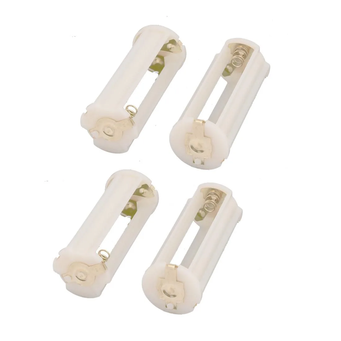 Four cylindrical plastic battery holders with metal contacts, each holding three AAA cells