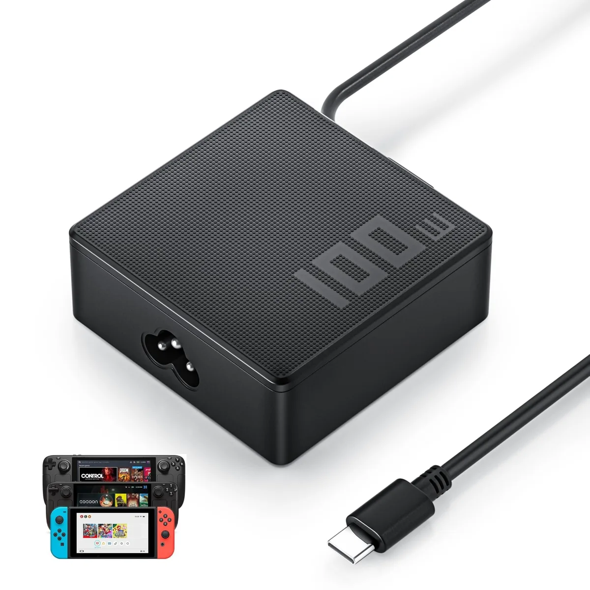 Black rectangular USB-C power adapter with detachable cord