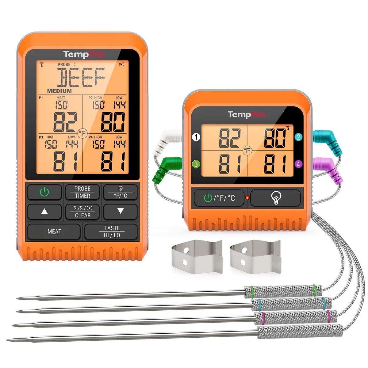 Orange wireless meat thermometer with four color-coded probes and backlit display