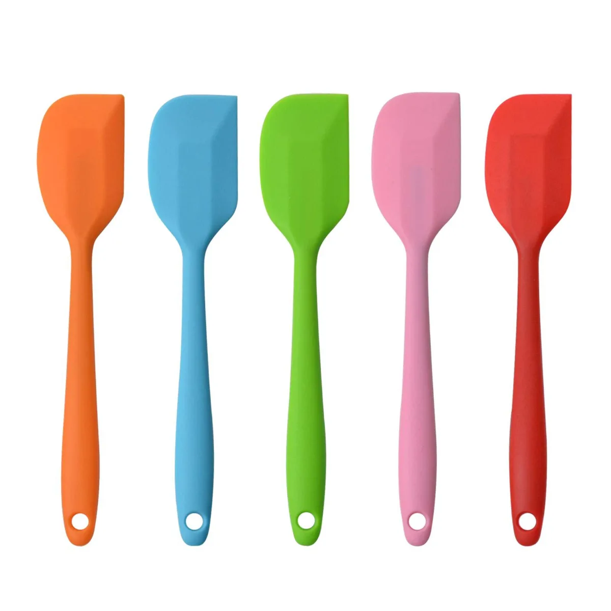 Five 8.5 inch silicone spatulas with hanging loops