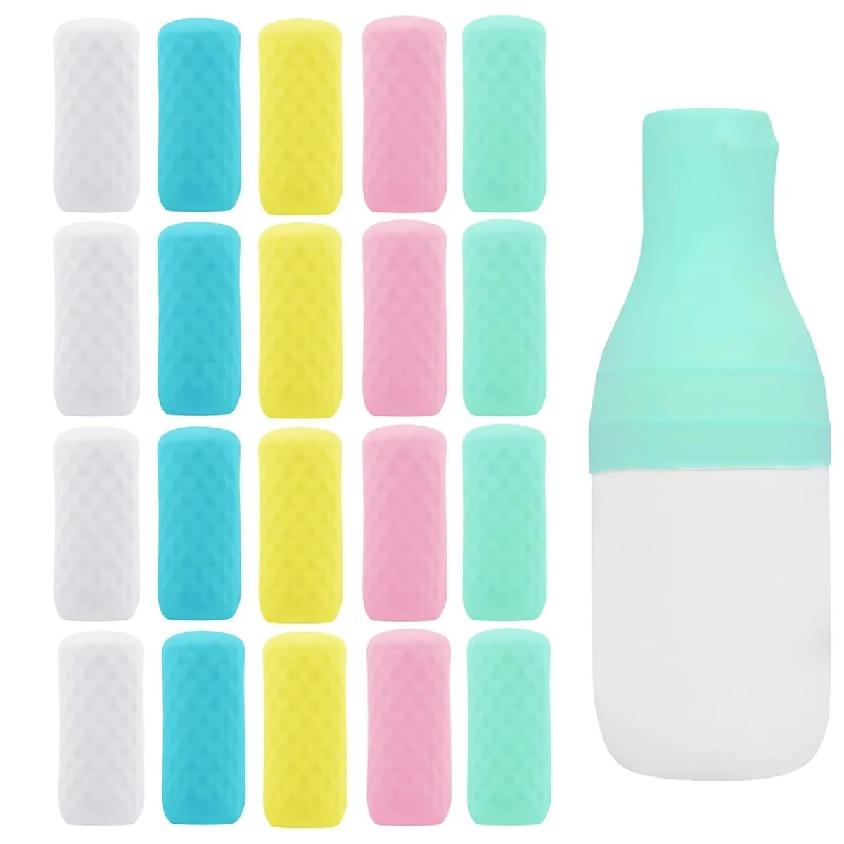 Twenty blue silicone bottle sleeves in a flat pack