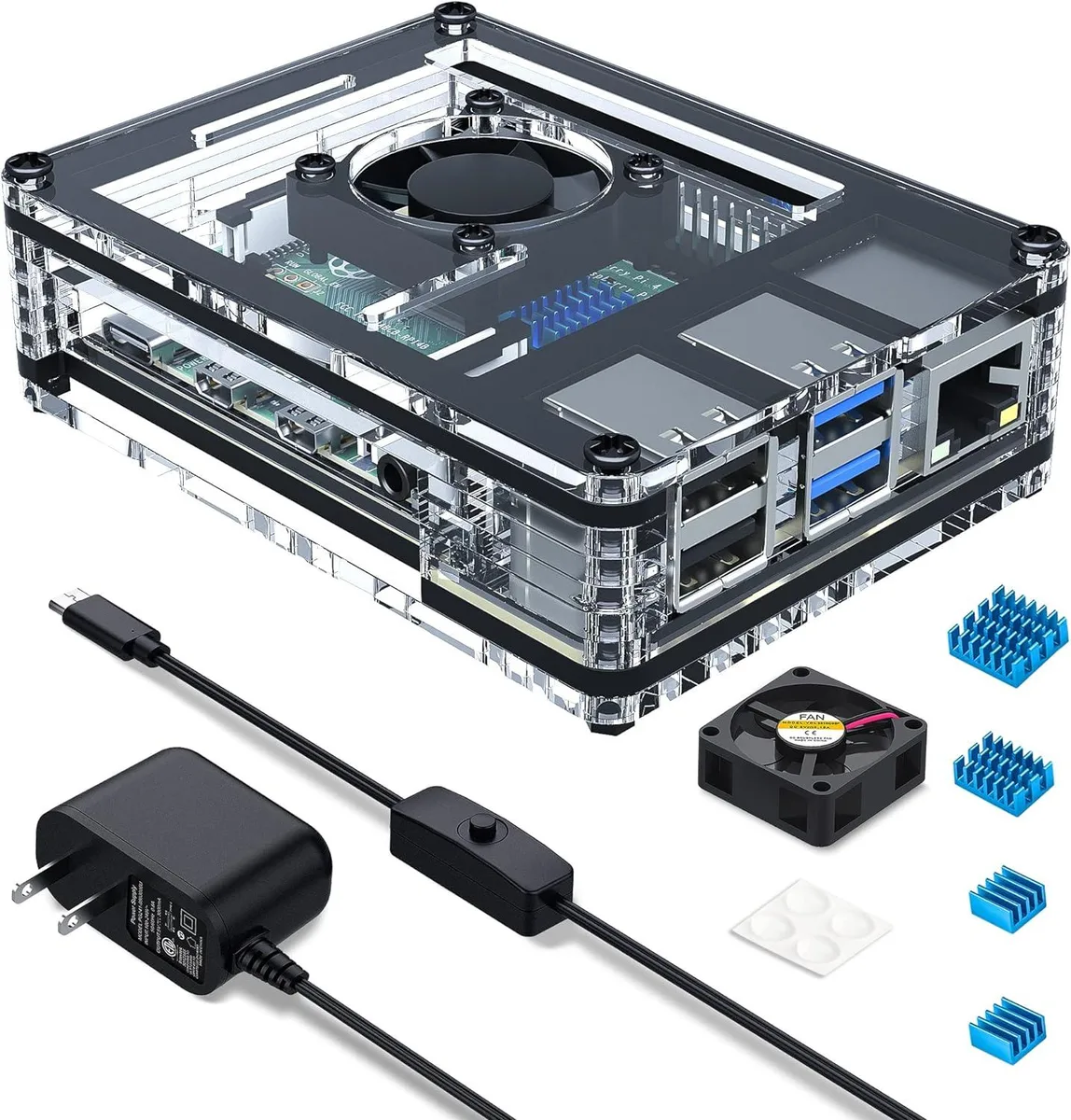BFKK BFKK Raspberry Pi 4 Case Accessory with Fan, 5V 3A Power Supply, 4 Heatsinks — product photo