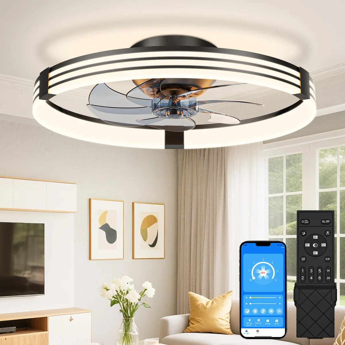 Black bladeless ceiling fan with integrated LED light, low-profile acrylic body, remote and app control