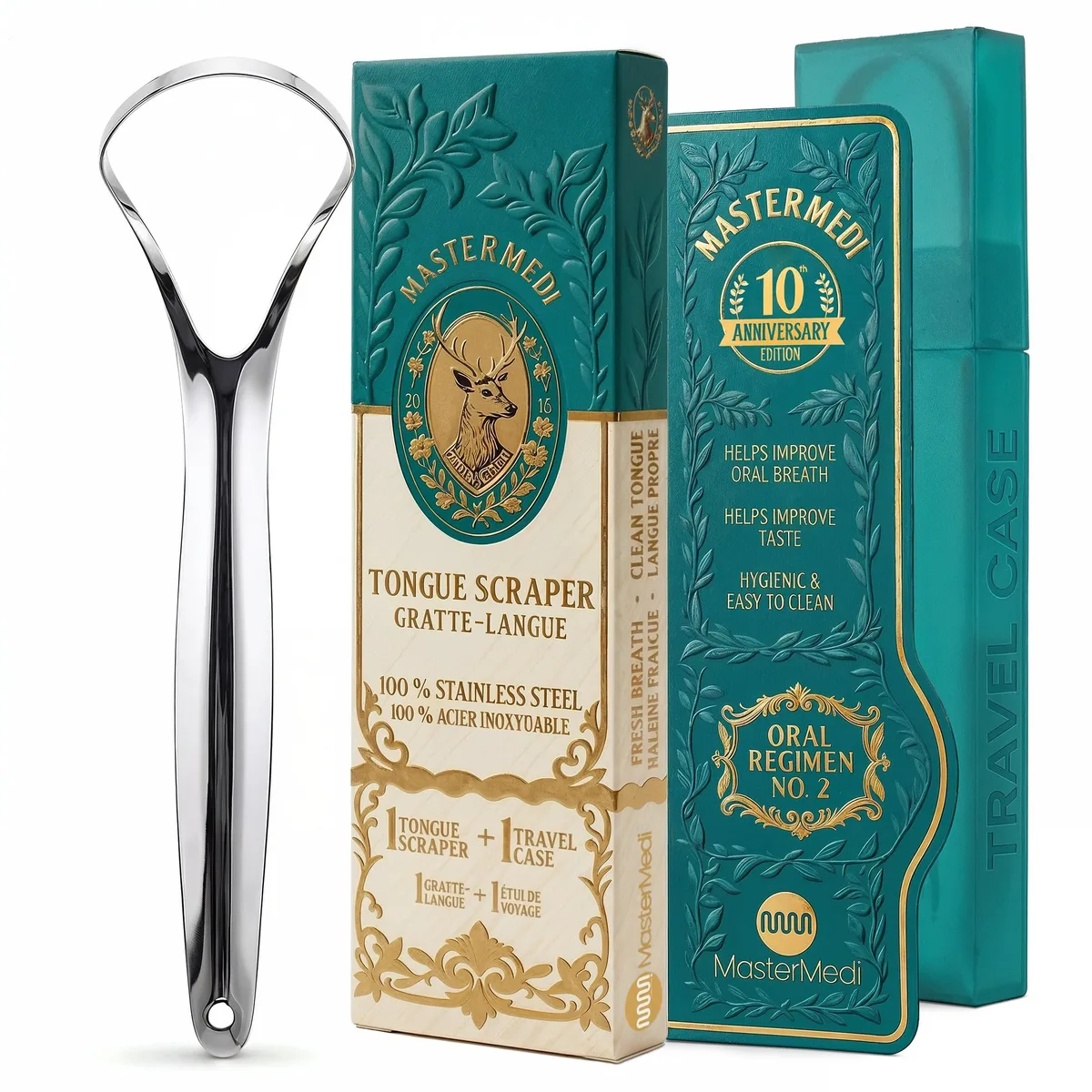 Stainless steel tongue scraper with two handles and a travel case