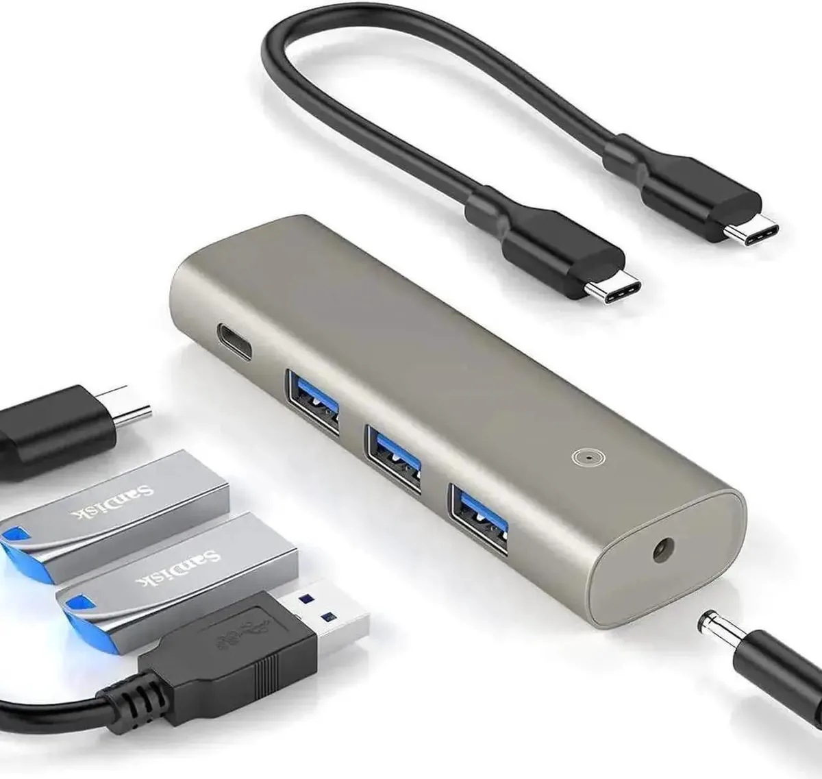 Compact USB-C hub with three USB-A ports, one USB-C port and a 5V power input