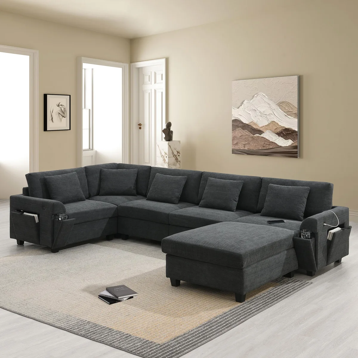 Large black chenille U-shaped sectional with ottoman