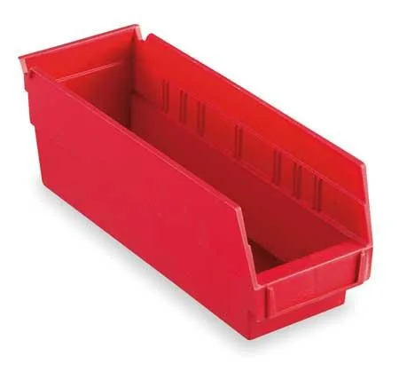 Red plastic shelf bin with label area and hangable design