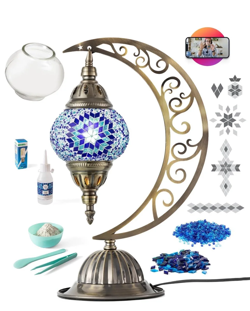 Medium Turkish mosaic moon lamp kit with blue glass pieces, bronze base, and US plug LED bulb