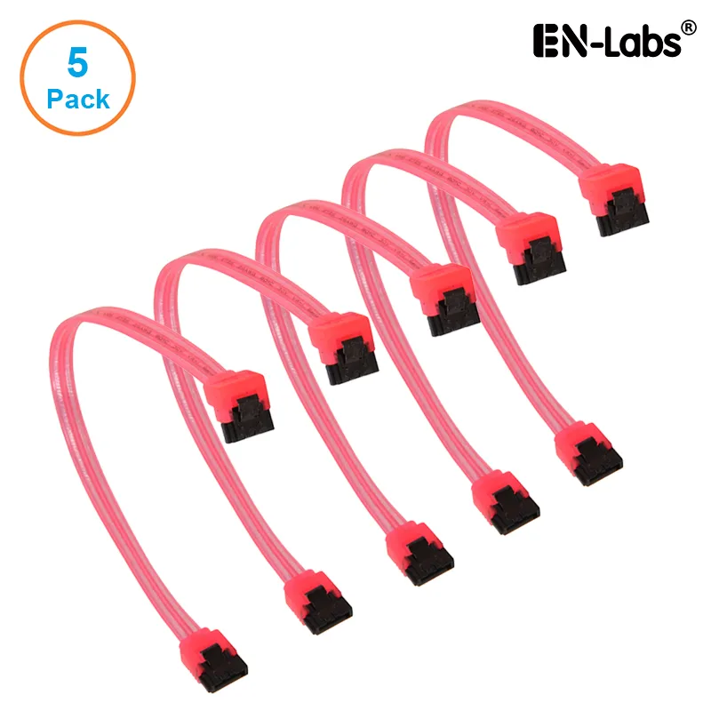 EN-Labs EN-Labs 5PKSATAIII25CMRD90 5-pack SATA 3.0 6Gbps straight 180 to 90 degree 10 inch UV red locking latch — product photo