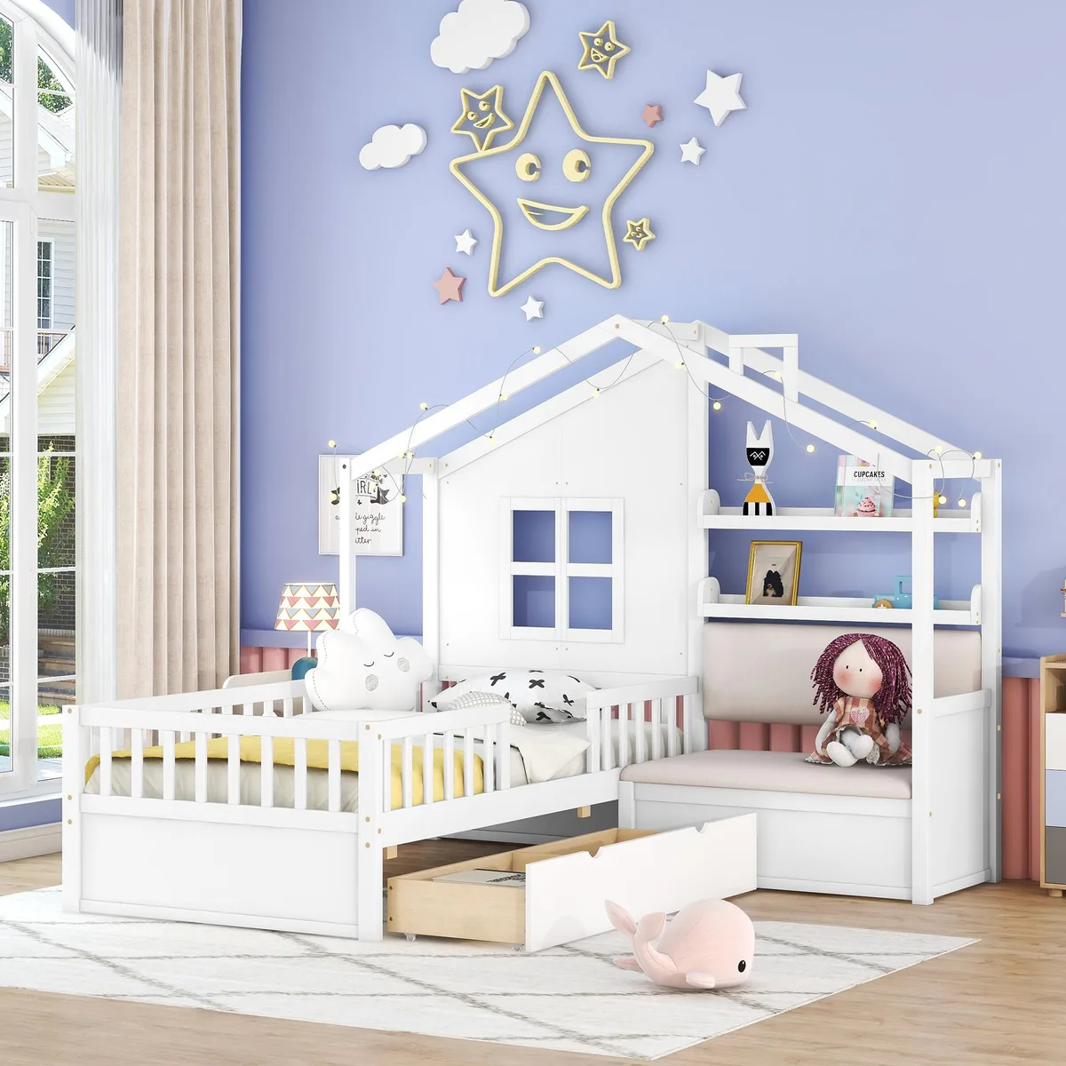 tuphen tuphen Twin House Bed with Sofa, Two Drawers, Shelf, White — product photo