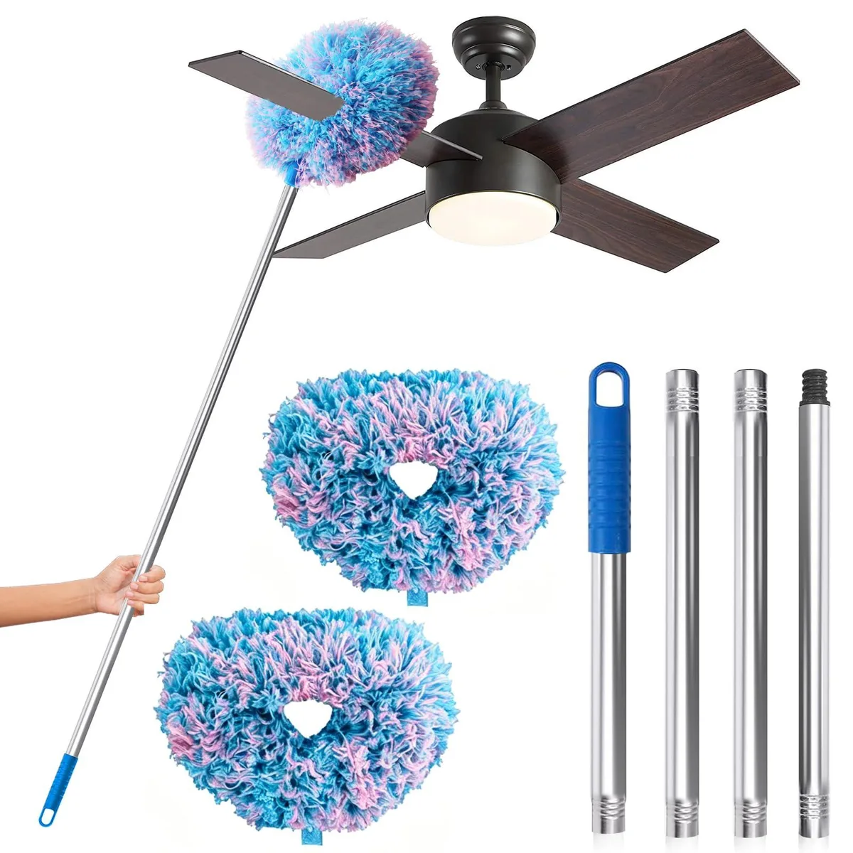 Two blue and pink microfiber dusters on a telescopic pole, 13 to 48 inches long
