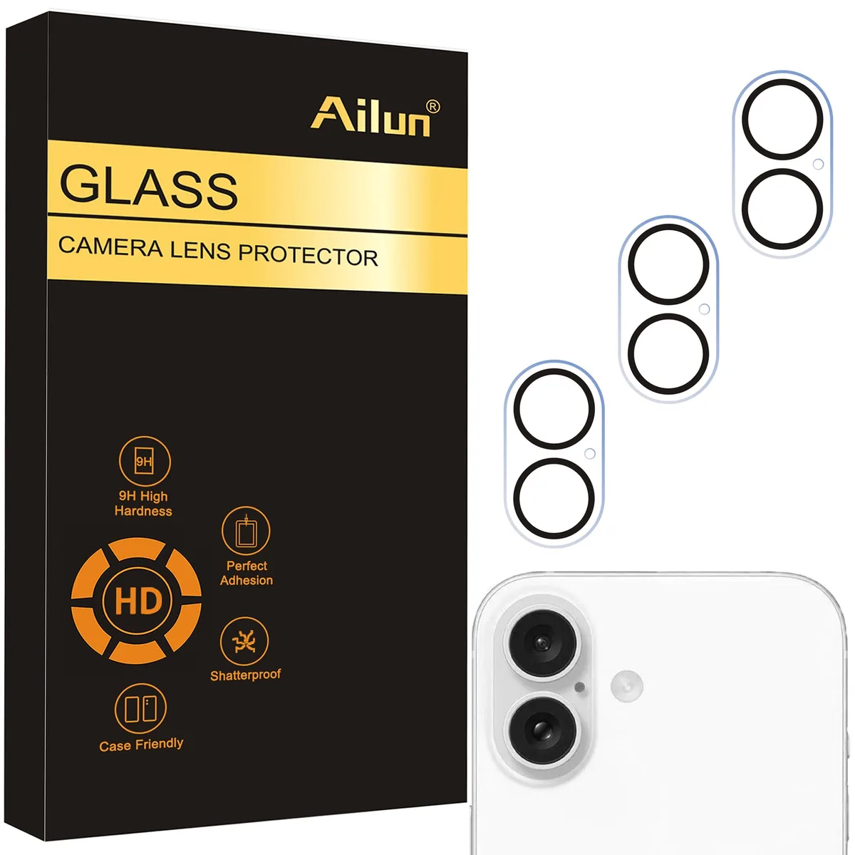  Ailun 3 Pack Camera Lens Protector for iPhone 16 &amp; iPhone 16 Plus Tempered Glass 9H Hardness — product photo