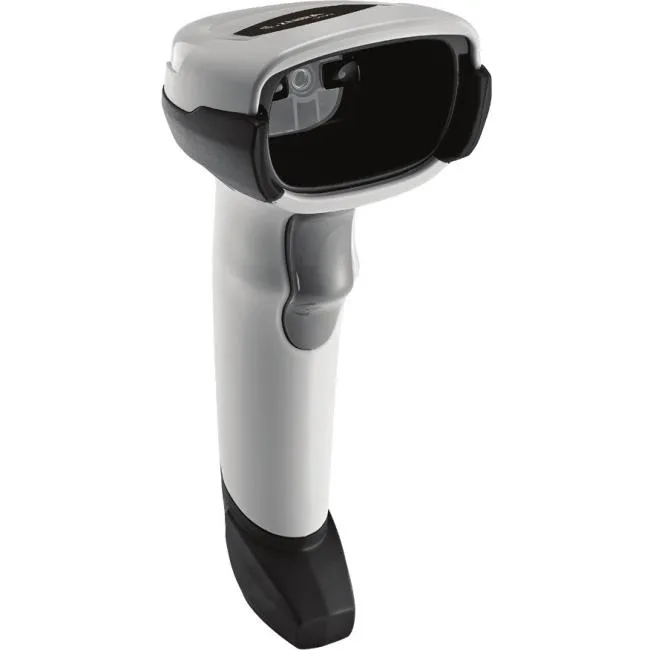 White wireless handheld barcode scanner in presentation cradle