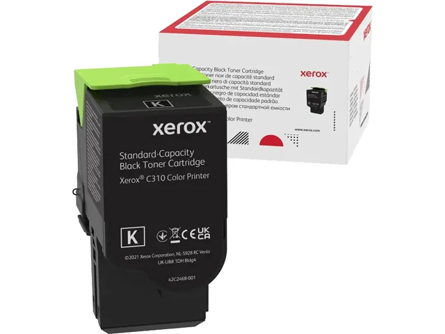 Rectangular black toner cartridge with green chip and pull tab