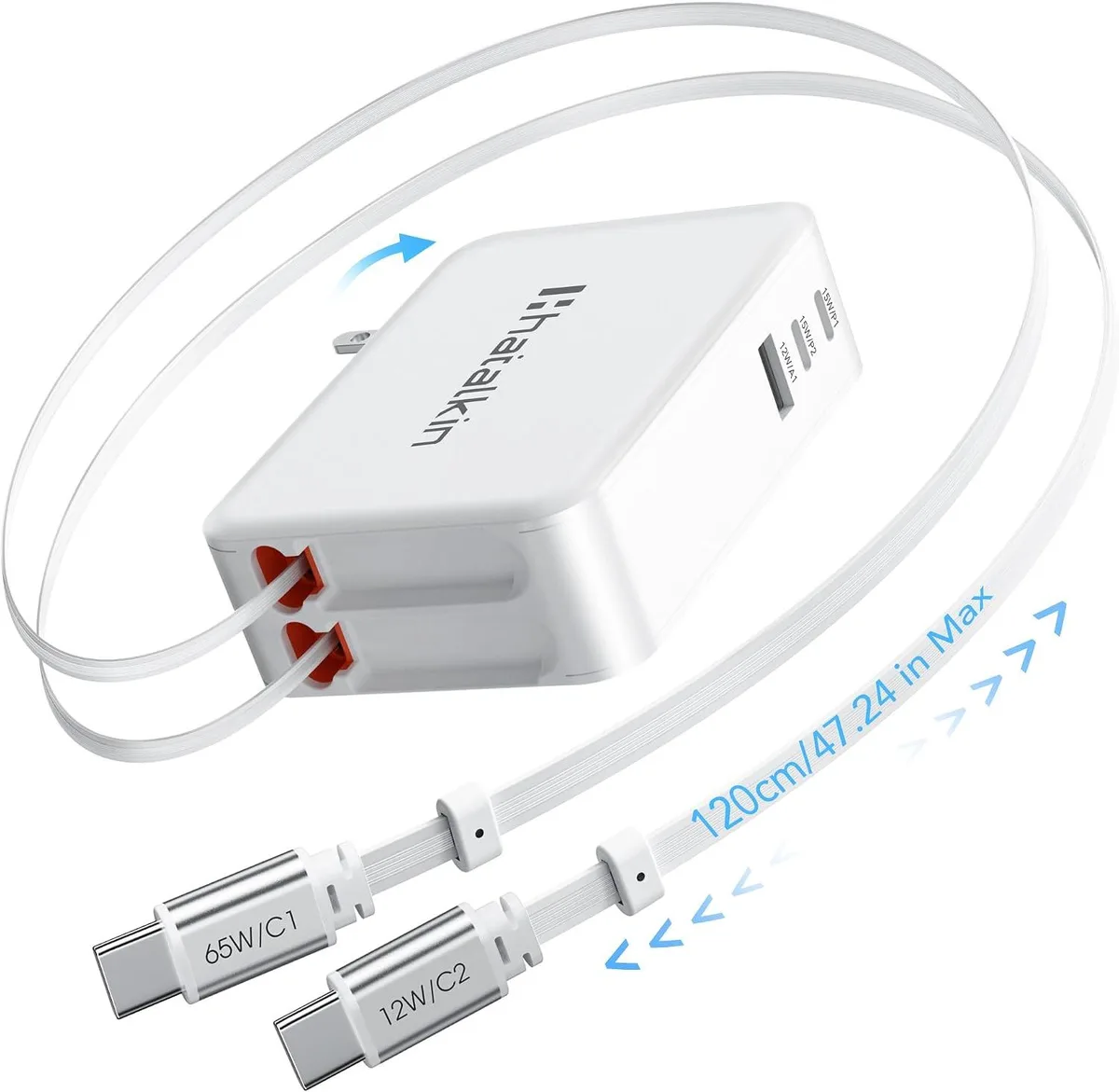 Transcend Transcend 65W 5-in-1 Retractable Charger 3.94 ft Dual USB-C Cable — product photo