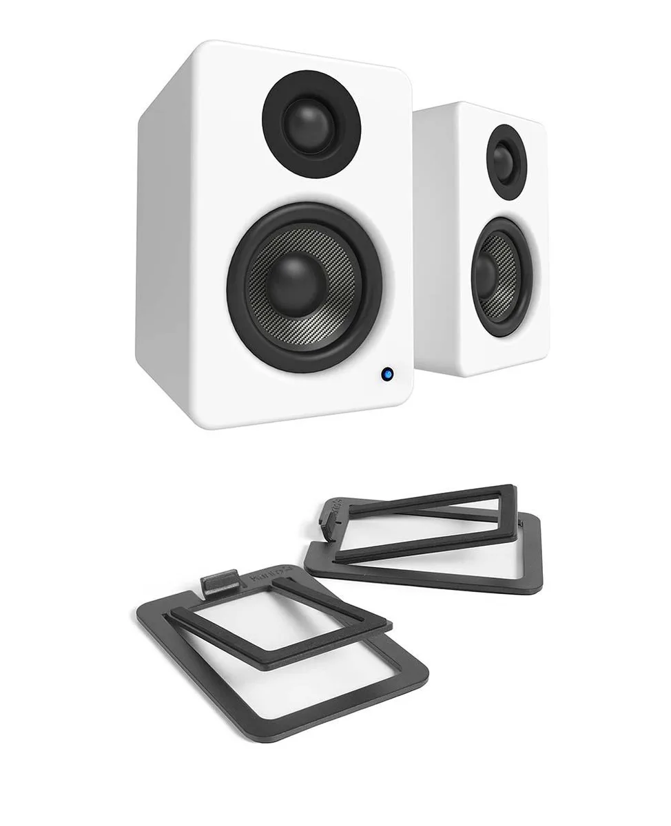 Kanto Kanto YU2MW Matte White desktop speaker pair with S2 stands black 16° tilt — product photo