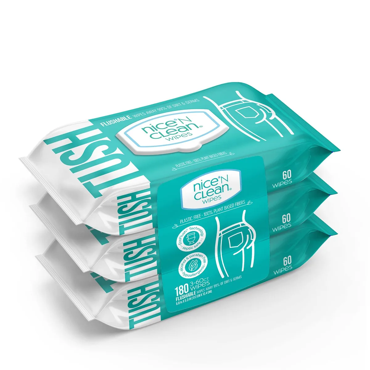 Three rectangular packs of white flushable wipes with blue and green labels stacked together