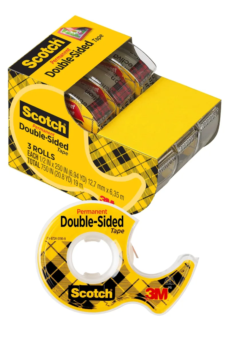 Three clear double-sided tape rolls in dispensers, .5 in wide, 250 in each