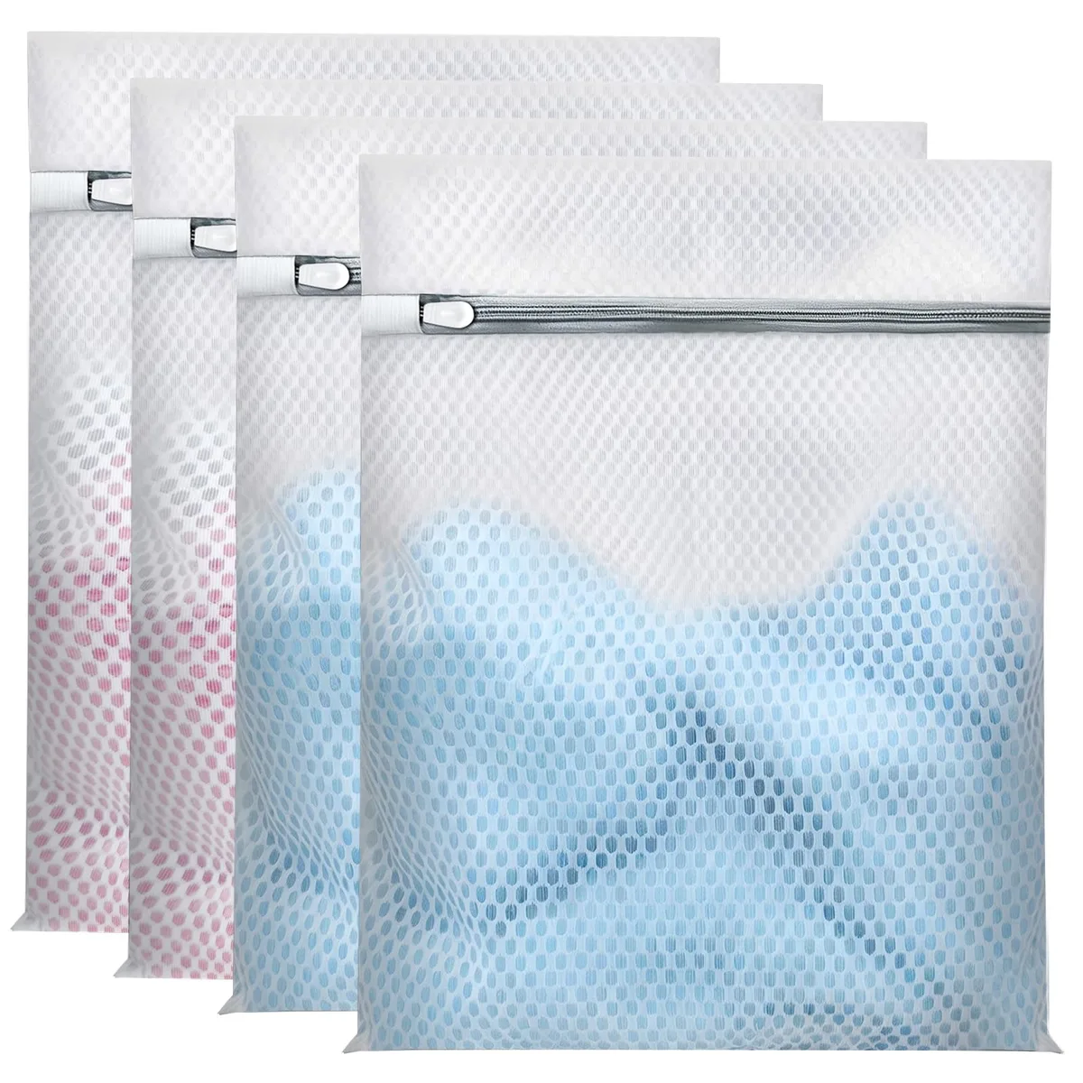 Four beige mesh laundry bags with zippers, 12 by 16 inches