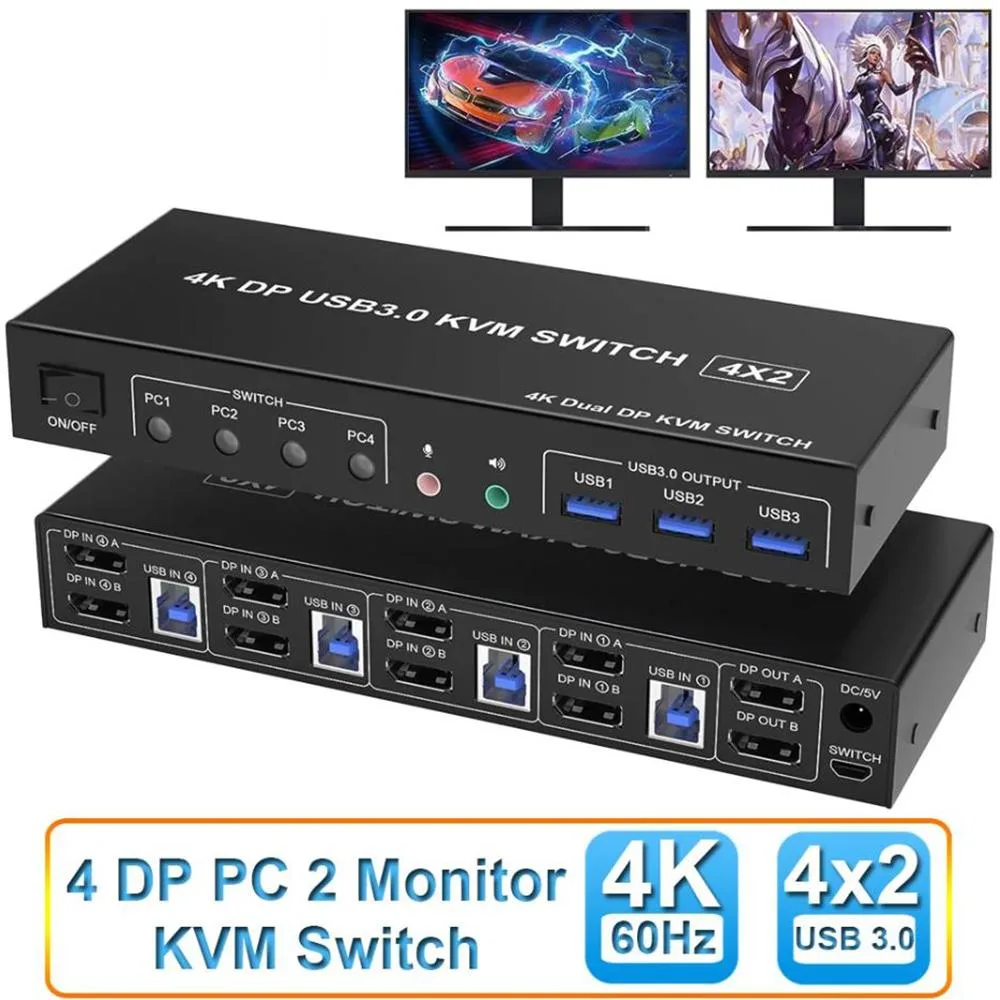 IHDAPP IHDAPP KVM Switch 4 Port Dual Monitor DisplayPort 4K 60Hz USB 3.0 Audio — product photo
