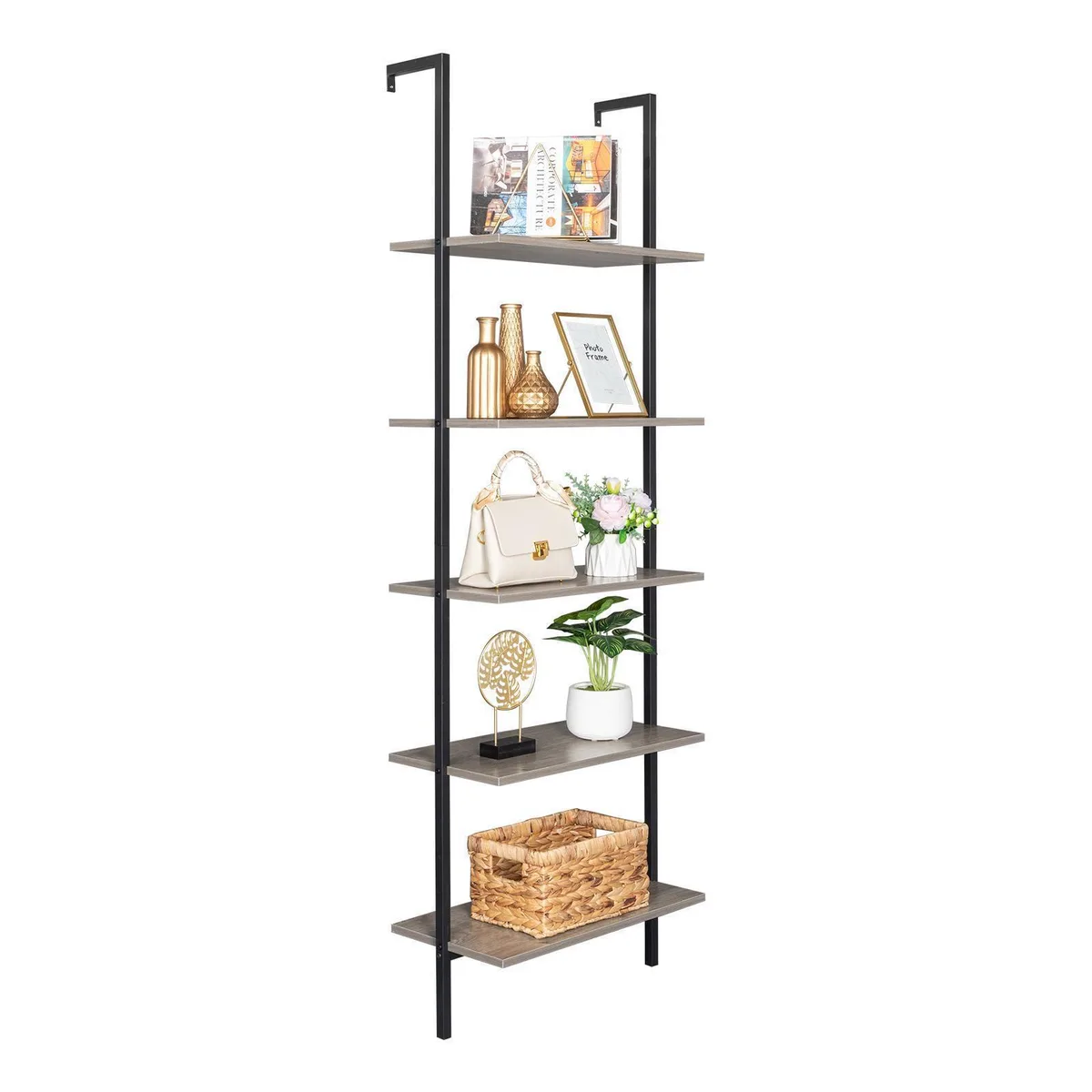 Five-tier rustic brown metal shelving unit, 64.96 inches tall