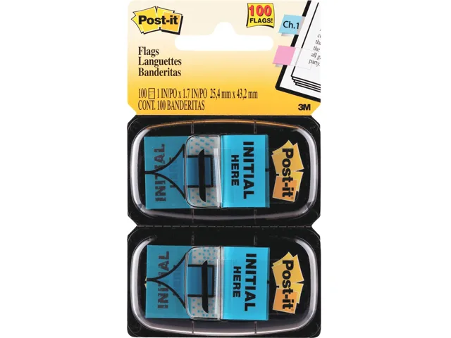 3M 3M 680-IH2 Post-it Flags "Initial Here" Blue 25.4x43.2mm 50/Dispenser 2/Pack — product photo