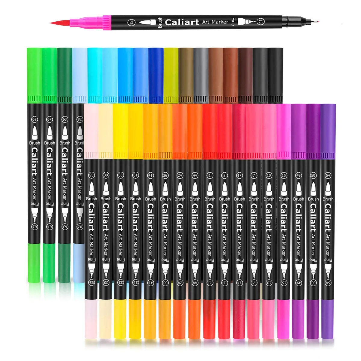 Boxed set of 34 dual-tip brush pens with black barrels