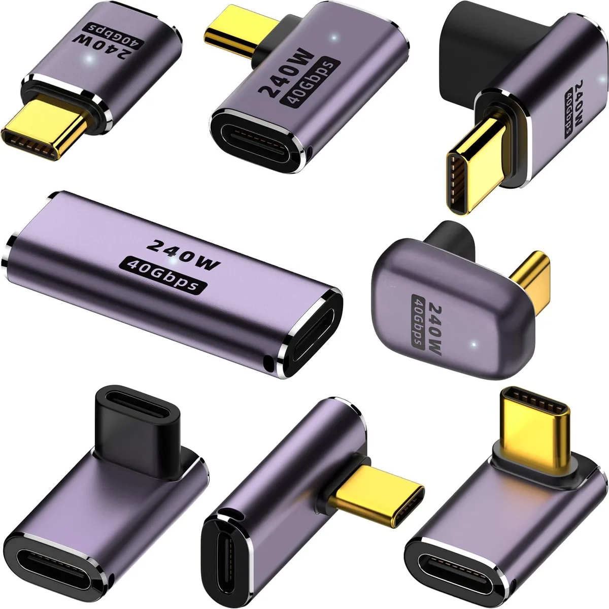 Eight metallic USB-C adapters in right-angle, straight and U shapes, female-to-male and female-to-female