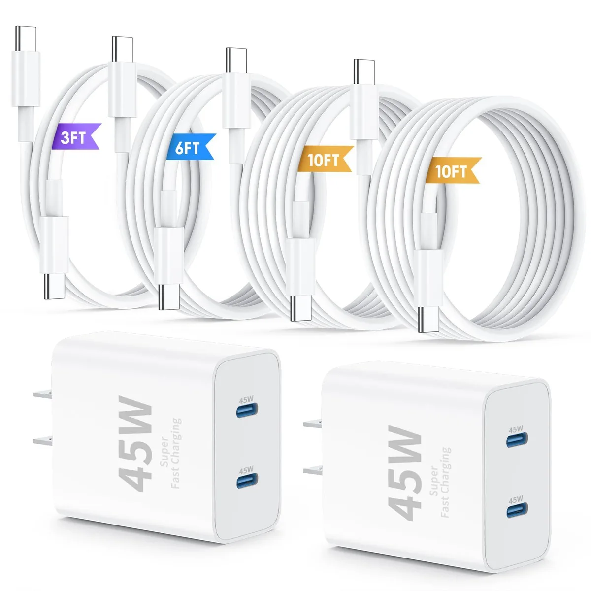 Two white dual USB-C wall chargers and a long white USB-C cable
