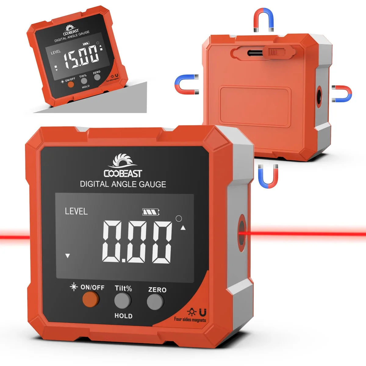 Orange cube digital angle finder with laser lines and magnetic sides